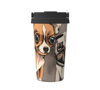 InOmak Chihuahua, bouledogue, carlin mignon, animal de compagnie, amis, chiot beige,Tasse à café portable de 500 ml en acier inoxydable, isotherme.