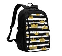 InOmak Couronne dorée à paillettes avec rayures noires et blanches, Sac à dos de voyage décontracté pour ordinateur portable avec port de chargement USB pour hommes et femmes
