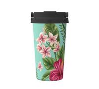 InOmak Imprimé de fleurs de frangipanier et d'hibiscus, motif de feuille de palmier exotique de la jungle,Tasse à café portable de 500 ml en acier inoxydable, isotherme.
