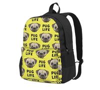 InOmak La vie d'un carlin mignon avec un visage jaune,Sac à dos à poches, sac à dos décontracté, sac d'école résistant à l'eau pour les voyages, la randonnée ou le camping