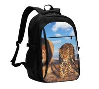InOmak Lion, léopard et tigre se battent pour de la nourriture (imprimé), Sac à dos de voyage décontracté pour ordinateur portable avec port de chargement USB pour hommes et femmes