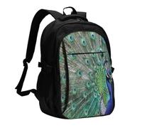 InOmak Paon déployant ses plumes, ailes ouvertes, Sac à dos de voyage décontracté pour ordinateur portable avec port de chargement USB pour hommes et femmes