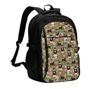 InOmak Portrait d'un Shiba Inu noir et feu, mignon et mignon, avec des fleurs vertes., Sac à dos de voyage décontracté pour ordinateur portable avec port de chargement USB pour hommes et femmes