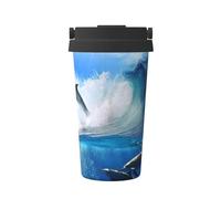 InOmak Quatre dauphins dans la mer des baleines,Tasse à café portable de 500 ml en acier inoxydable, isotherme.