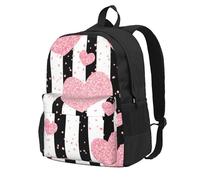 InOmak Rayures romantiques en forme de cœur rose doré à paillettes,Sac à dos à poches, sac à dos décontracté, sac d'école résistant à l'eau pour les voyages, la randonnée ou le camping