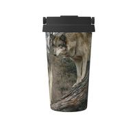InOmak Wolf Print,Tasse à café portable de 500 ml en acier inoxydable, isotherme.