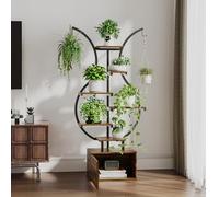 INONEFT Support plantes interieur avec lampe horticole, étagère à 6 niveaux avec placard de rangement, support métallique incurvé avec deux crochets, décoration intérieure（Marron vintage）