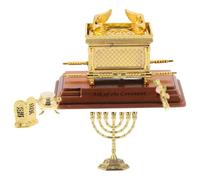 INOOMP 1 Ensemble Miniature Arche d'Alliance, Maquette de Tabernacle doré, Sculpture décorative juive, Objet Religieux de Table représentant Un Coffre sacré avec bâton, manne, et Commandements