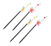 INOOMP Lot de 4 Pièces Épingles à Cheveux Vintage Fleurs et Pompons en Bois et Glaçure Colorée, Accessoire Coiffure Élégant pour Cérémonies et Rendez-vous