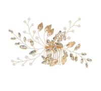 INOOMP Peigne à Cheveux Mariage en Métal Doré Orné de Perles Blanches et Strass Bleus, Accessoire Coiffure pour Mariée, Demoiselle D’honneur, Bal de Fin D’année, Bijou de Tête Élégant
