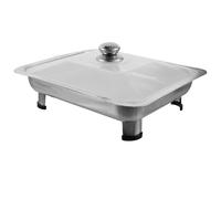 INOOMP Plateau de Service Rectangulaire Inox 34x28x5 Cm avec Couvercle Plastique, Assiette Buffet Solide en Acier Inoxydable Brillant, Support Repas pour Restauration Collective et