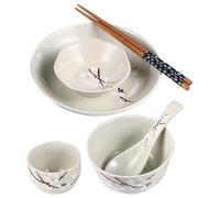 INOOMP Set 6 Pièces Japonaise en Céramique Bol, Assiette, Tasse, Cuillère et Baguettes, Motif Fleurs de Prunier, Facile à Nettoyer, Personne, Repas à Domicile