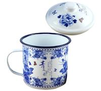 INOOMP Tasse à Thé en Émail Rétro 500 Ml 9 Cm Bleu Blanc Couvercle, Mug Émaillé Maison Vintage pour Café, Thé, Camping et Pique-niques, Tasse à Boire Multifonctionnelle, Design Épais