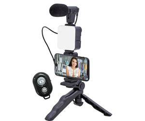 Inovalley Kit vlogging avec lampe, micro, trépied, télécommande et pince pour smartphone