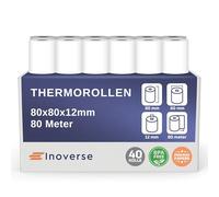 Inoverse EC-Cash - Lot de 40 rouleaux de papier thermique - 80 mm x 80 mm x 12 mm - 80 m - Sans BPA - Compatible avec imprimante de tickets - Système de caisse EC - Appareil Bankomat