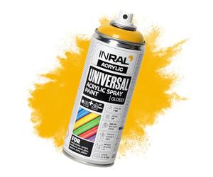 INRAL Peinture Acrylique Jaune trafic en Spray - Bombe de Peinture Jaune trafic brillante (RAL1023) de 400 ml pour Métal, Plastique, Bois - Couvrante, Résiste à la Pluie et aux UV