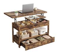 INRE Table Basse Relevable, Table de Salon avec Vérin à Gaz, 2 Tiroirs, 3 Compartiments de Rangement sous Le Plateau et 1 Compartiment Ouvert, Table Basse Multifonction pour Salon, Marron Vintage