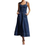 INRLEWGB Robe Longue en Jean Élégante pour Femme, sans Manches, Boutonnée, Bretelles Réglables, Coupe Ajustée, Dos Nu, Style Vintage, Coupe Trapèze, Maxi, avec Poche, Bleu, XL
