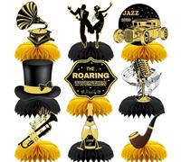 INRUI 9 pièces nid d'abeille pour la fête des années folles Décorations noir et or des années 1920 Décorations de table pour mariage sur le thème de la musique vintage