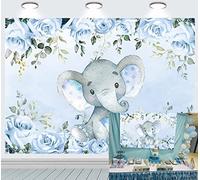 INRUI Blauer Elefant Fotohintergrund Niedlicher Elefant Baby Shower Floral Backdrops Elefant Geburtstag für Junge Dekoration 2,1 x 1,5 m