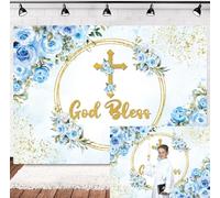INRUI Toile de fond bleue et dorée pour première communion, fête prénatale, fête prénatale, 2,1 x 1,5 m
