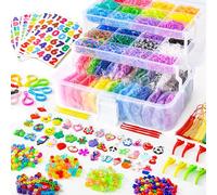 INSCRAFT 17500 PCS Elastique Bracelet Kit, 28 Couleurs 600 Pinces 352 Perles 40 Pendentifs Cartoonesques avec Boîte à 3 Couches, Loom Bands Idéal pour Tissage DIY Cadeau de Bricolage Créatif