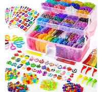 INSCRAFT 17500 PCS Elastique Bracelet Kit, 28 Couleurs 600 Pinces 352 Perles 40 Pendentifs Cartoonesques avec Boîte Rose à 3 Couches, Loom Bands pour Tissage DIY Cadeau de Bricolage Créatif