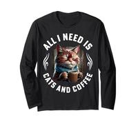 Inscription « All I Need are Cats and Coffee » avec Inscription Humoristique en Allemand All I Need Manche Longue