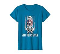 Inscription Sarcastique Zero Fucks Given Drapeau USA Tête de Mort T-Shirt, Femme, Saphir, 3XL