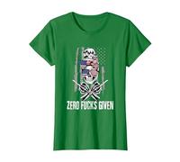 Inscription Sarcastique Zero Fucks Given Drapeau USA Tête de Mort T-Shirt, Femme, Vert Kelly, L