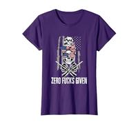 Inscription Sarcastique Zero Fucks Given Drapeau USA Tête de Mort T-Shirt, Femme, Violet, XL
