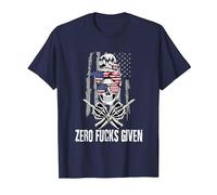 Inscription Sarcastique Zero Fucks Given Drapeau USA Tête de Mort T-Shirt, Homme, Bleu Marine, M