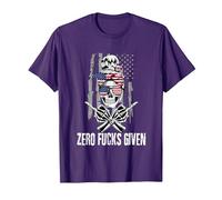Inscription Sarcastique Zero Fucks Given Drapeau USA Tête de Mort T-Shirt, Homme, Violet, 3XL