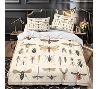 Insect Illustration Ensemble De Literie Microfibre Résistante 3D Effet 3 Pièces Taie Super Douce Vintage Natural History Linge de Lit Léger Hypoallergique for Adultes Enfants Single（135x200cm）