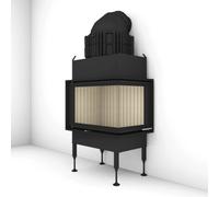 Insert bois Brunner BKH 5.0 Eck 42-66-42 porte pivotante 9 kW Gusshaube ⌀ 200 mm und Wärmetauscherringe Guss, Blendrahmen, schwarz, Eckverglasung rechts