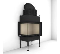 Insert bois Brunner BKH 5.0 Eck 42-66-42 porte pivotante 9 kW Gusshaube ⌀ 200 mm und Wärmetauscherringe Guss, Blendrahmen, schwarz, Eckverglasung links