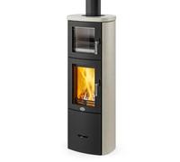 Insert bois Max Blank Turin BF Stone 5 kW Parties latérales et couvercle en pierre naturelle crème lisse, Raccordement du tuyau de fumée ci-dessus