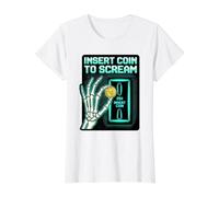 Insert Coin to Scream Classique Rétro Arcade Gamer Halloween T-Shirt Graphique avec Valeur, Femme, Blanc, M