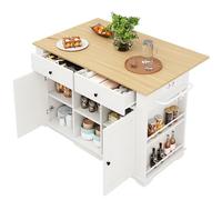 Insert de cuisine avec prise et plateau de table extensible - Grand îlot de cuisine blanc avec 2 tiroirs, 6 compartiments, roulettes aspect bois - Multifonction comme chariot de service, buffet et