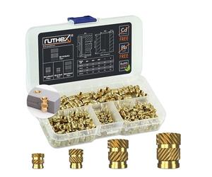 Inserts filetés ruthex #2-56/#4-40/#8-32/#10-24 UNC Boîte d'assortiment - 70 + 100 + 50 + 50 pièces - Douille filetée en laiton sans plomb - Écrou d'insertion pour plastique - Fusion dans des pièces