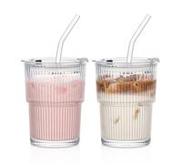 INSETLAN Lot de 2 gobelets en verre côtelé de 380 ml avec couvercle et paille pour café glacé, transparent, étanche et anti-fuite, pour smoothies, latte glacé, matcha et boissons froides (2)
