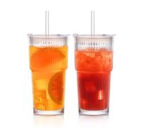 INSETLAN Lot de 2 gobelets en verre côtelé de 600 ml avec couvercles et pailles en verre, tasses à café anti-fuite, tasses à café glacé, gobelets en verre avec paille et couvercle pour café glacé,