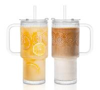 INSETLAN Lot de 2 gobelets en verre transparent de 760 ml avec poignée et couvercle, gobelets à café glacé transparents avec paille, verres réutilisables pour eau, smoothies, thé, jus de fruits