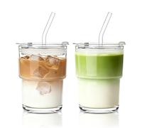 INSETLAN Lot de 2 gobelets portables en verre de 380 ml à paroi épaisse avec couvercle et paille en verre, pour café glacé, thé, lait, boissons chaudes et froides, voyage et utilisation quotidienne