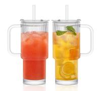 INSETLAN Lot de 2 verres de 760 ml, avec couvercle et paille, gobelets en verre nervuré avec couvercle et anse, verre épais, idéal pour le café glacé, le matcha, le latte, les jus et autres boissons