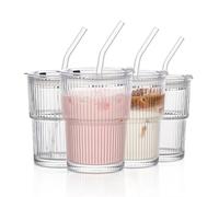 INSETLAN Lot de 4 gobelets en verre côtelé de 380 ml avec couvercle et paille, pour café glacé, smoothies, latte glacé, matcha et boissons froides