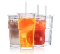 INSETLAN Lot de 4 gobelets en verre nervuré de 591 ml avec couvercles et pailles en verre - Paroi épaisse, idéal pour le café glacé, les smoothies, les cocktails et les jus - Vaisselle élégante et