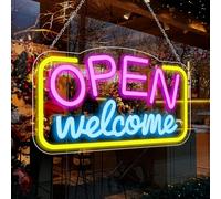 inShareplus Panneau néon LED « Welcome Open », 42 x 24 cm, intensité variable pour les entreprises, néons LED ultra lumineux alimentés par USB 5 V