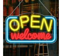 inShareplus Welcome Panneau LED Open Néon - 43 x 23 cm - Pour affaires, enseigne lumineuse avec alimentation USB - Intensité variable - Pour bar, magasin, café, boutique, fête, club (jaune)