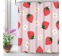Inshere Adorable rideau de douche 12 crochets, motif de fraise et de fruits roses, fleurs, décoration salle de bain, 180 x 180 cm, tissu